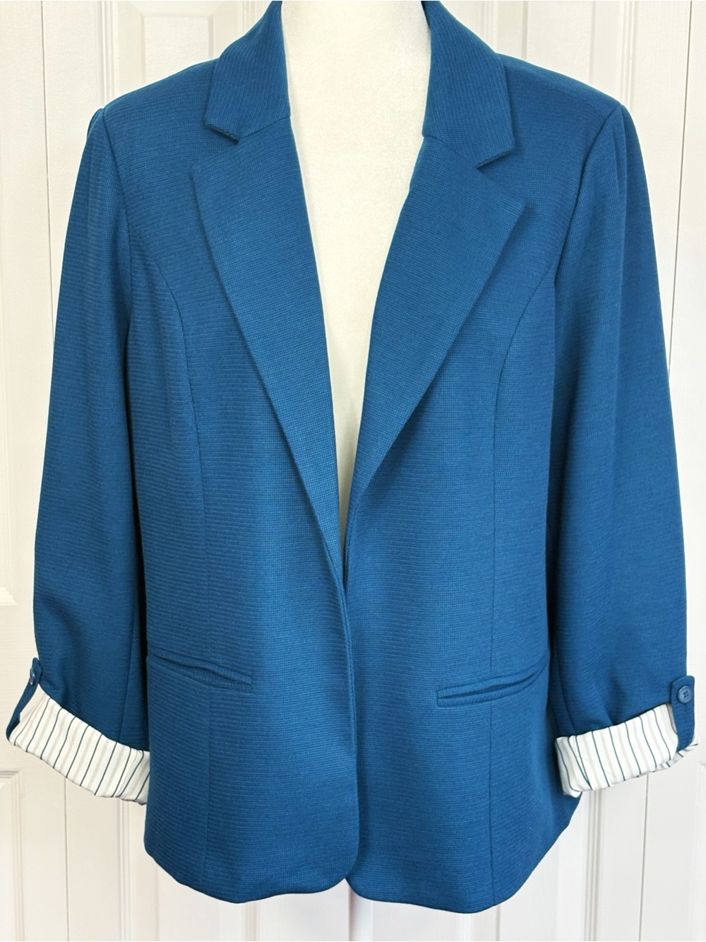 41 Hawthorn Teal Blue Knit Stripe Cuffed Open Front Natalie Blazer XXL